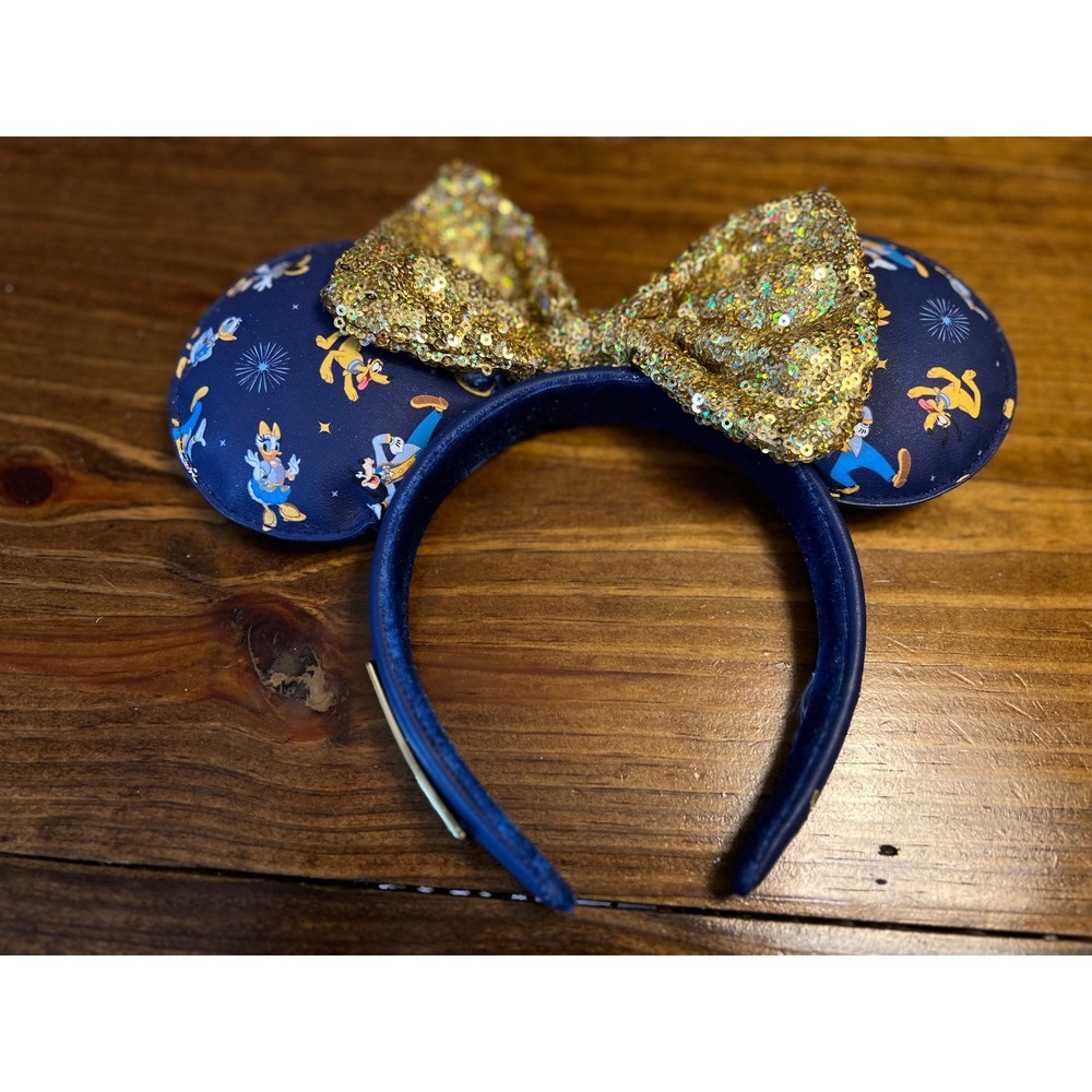 Loungefly Disney Ears Headband Navy Gold 50th‎ Anniversary Sequin Bow Excellent